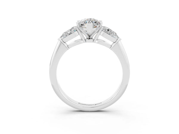 Platinum Three-Stone Marquise Cut Moissanite Ring with Pear Side Stones and Four-Prong Setting