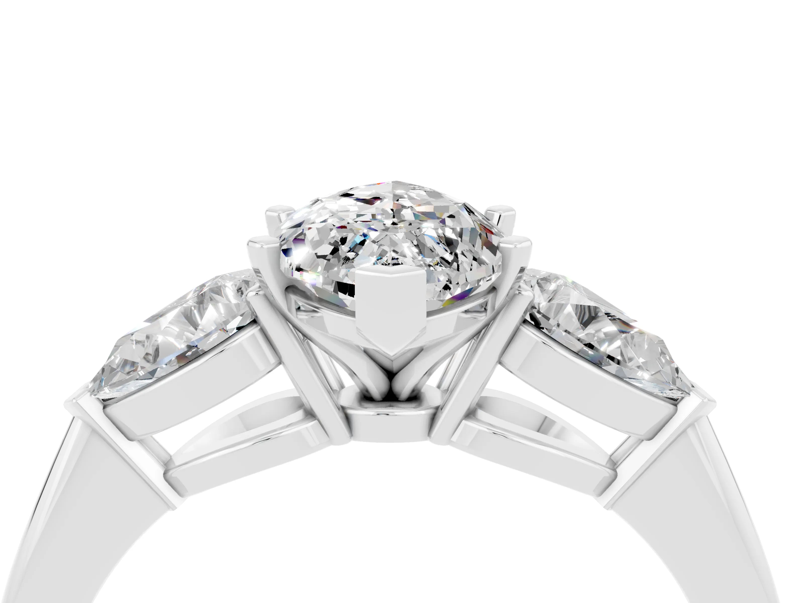 White gold Three-Stone Marquise Cut Moissanite Ring with Pear Side Stones and Four-Prong Setting_4