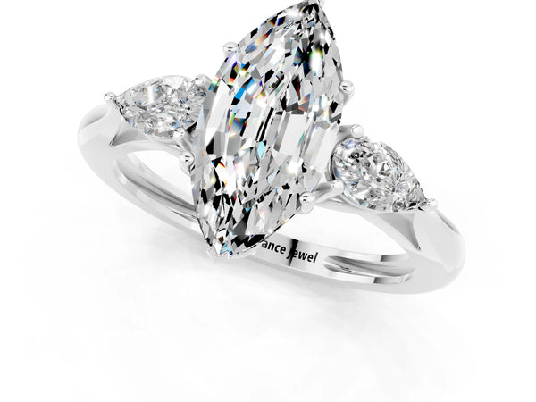 White gold Three-Stone Marquise Cut Moissanite Ring with Pear  Side Stones in Four-Prong Setting