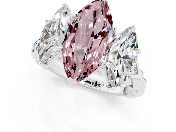Platinum Three-Stone Marquise Cut Morganite Braided Band Ring with Four-Prong Setting
