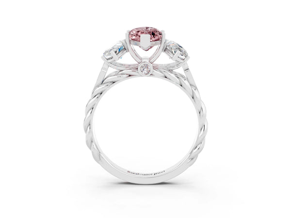 White gold Three-Stone Marquise Cut Morganite Braided Band Ring with Four-Prong Setting