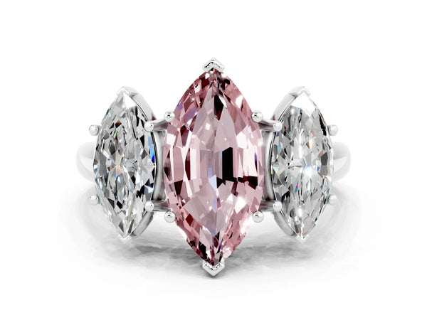 Silver Three-Stone Marquise Cut Morganite Engagement Ring with Prong Setting