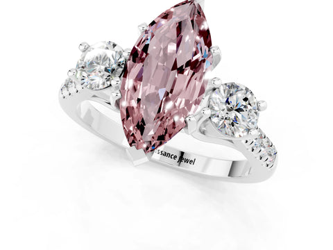 White gold Three-Stone Marquise Cut Morganite Pavé Band with Four-Prong Setting_1