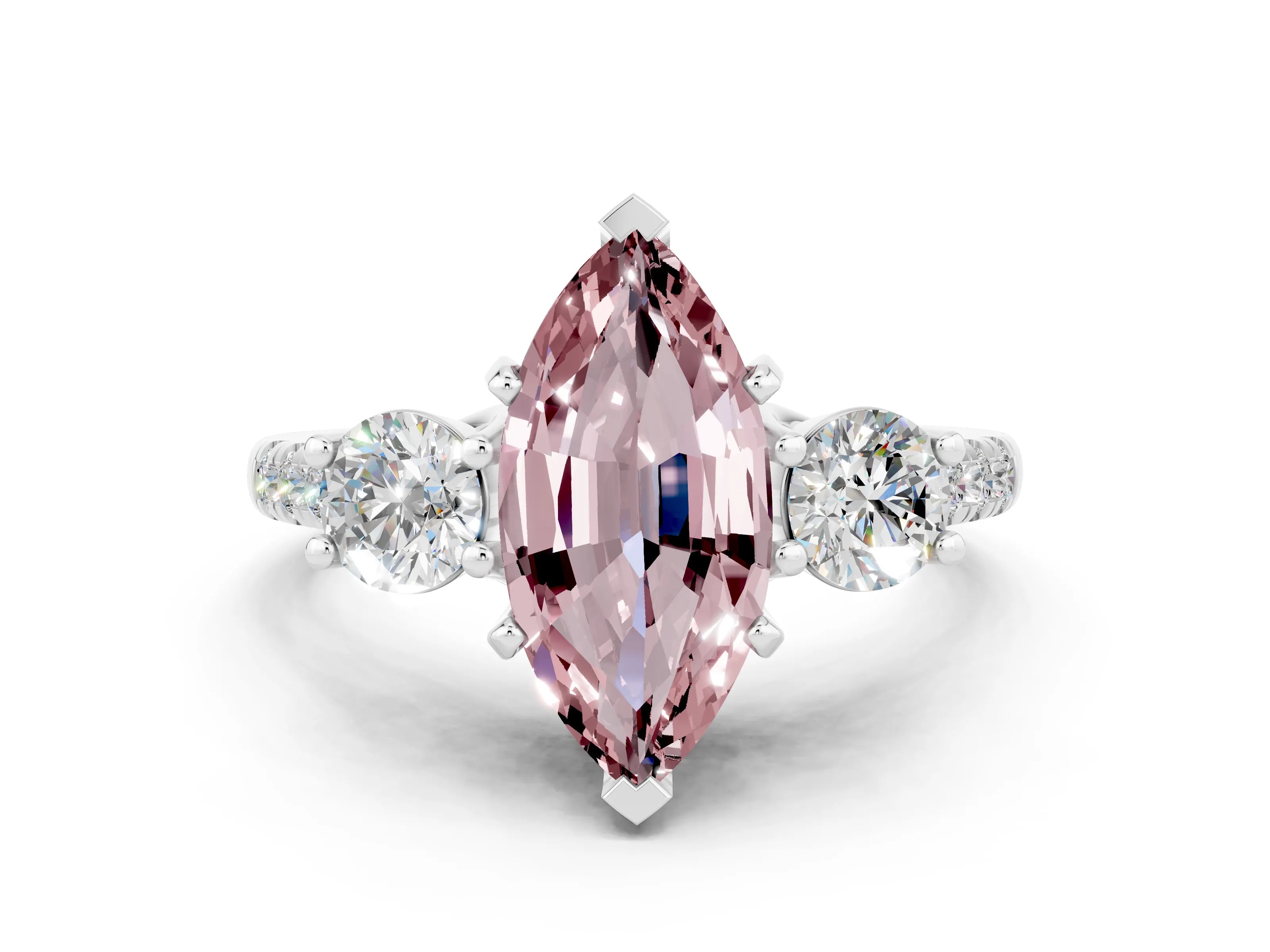 White gold Three-Stone Marquise Cut Morganite Pavé Band with Four-Prong Setting