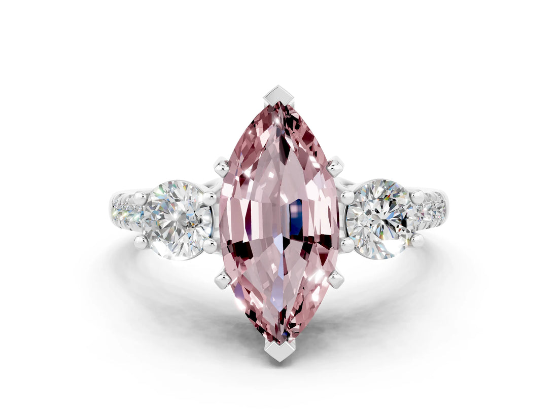 White gold Three-Stone Marquise Cut Morganite Pavé Band with Four-Prong Setting