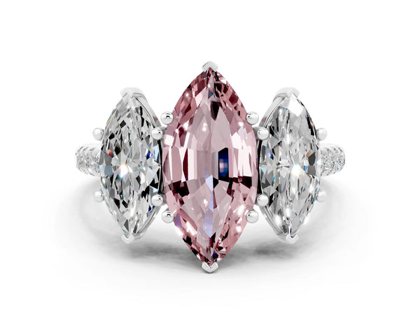 Platinum Three-Stone Marquise Cut Morganite Ring with Round  Pavé Band and Prong Setting