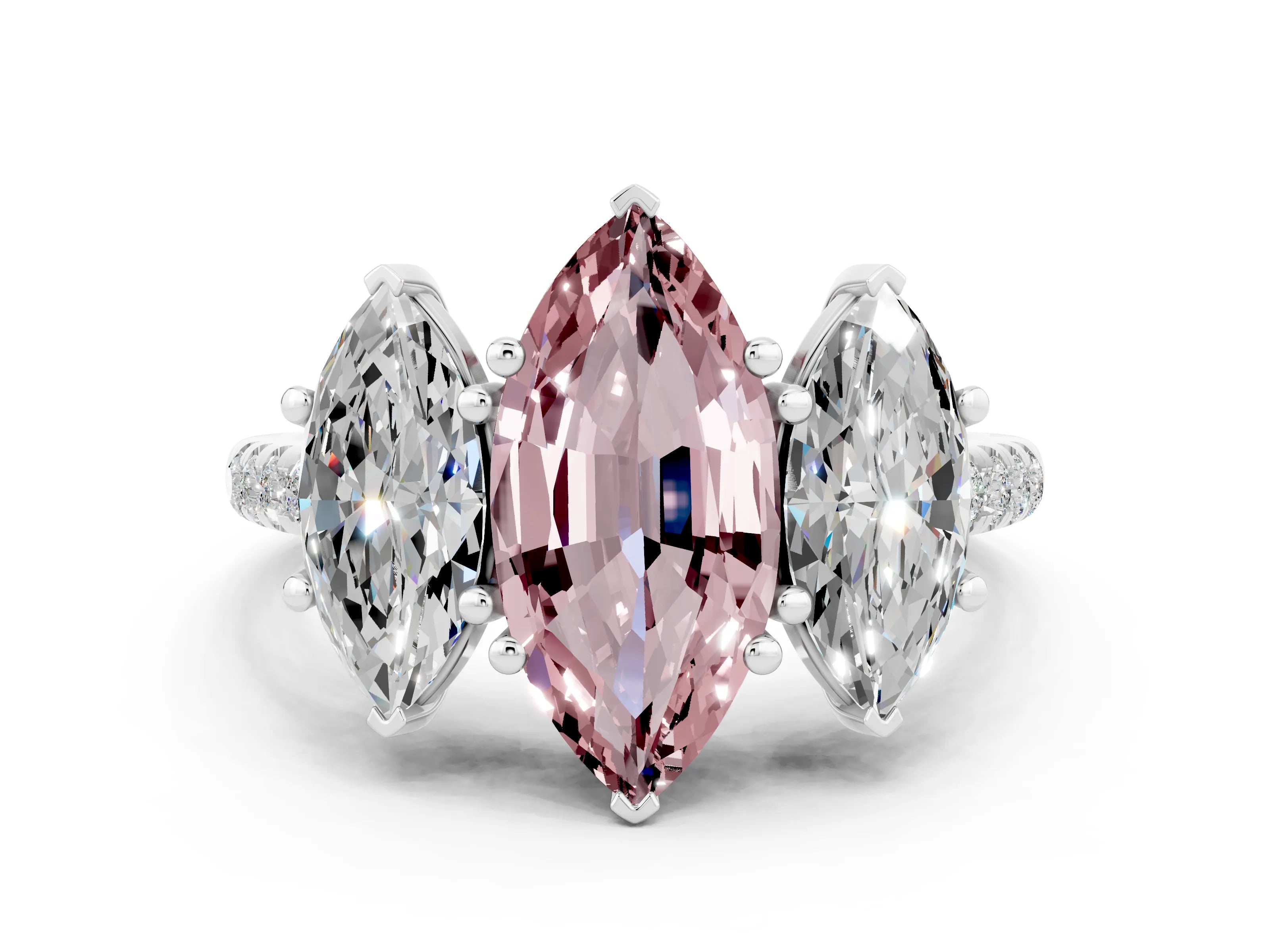 White gold Three-Stone Marquise Cut Morganite Ring with Pavé Band and Prong Setting_12