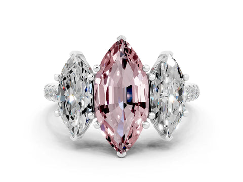 White gold Three-Stone Marquise Cut Morganite Ring with Pavé Band and Prong Setting_12