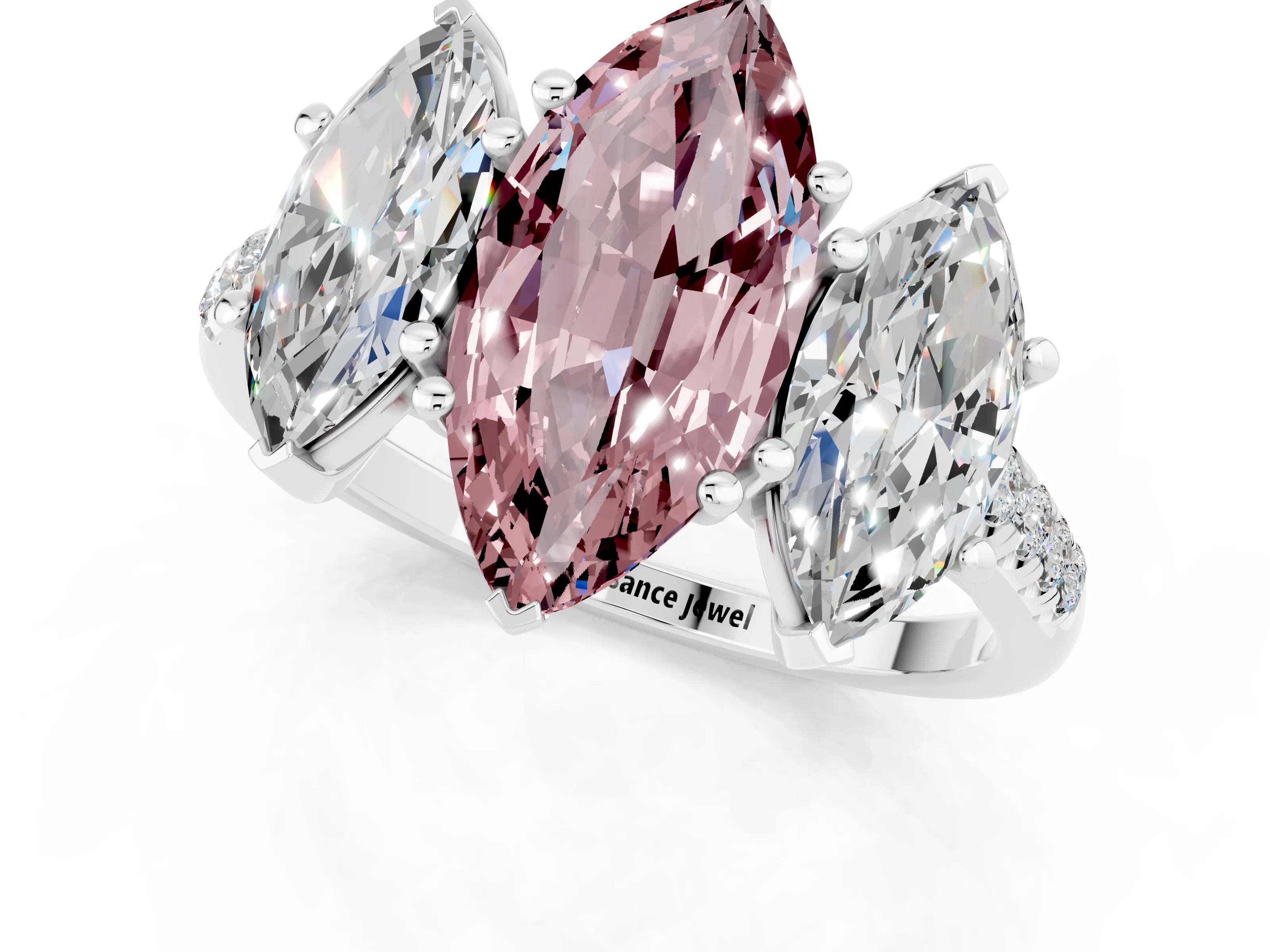 White gold Three-Stone Marquise Cut Morganite Ring with Pavé Band and Prong Setting_13
