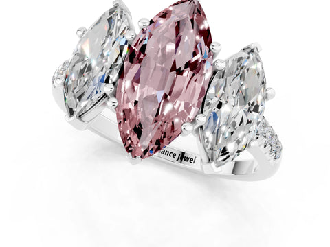 White gold Three-Stone Marquise Cut Morganite Ring with Pavé Band and Prong Setting_13