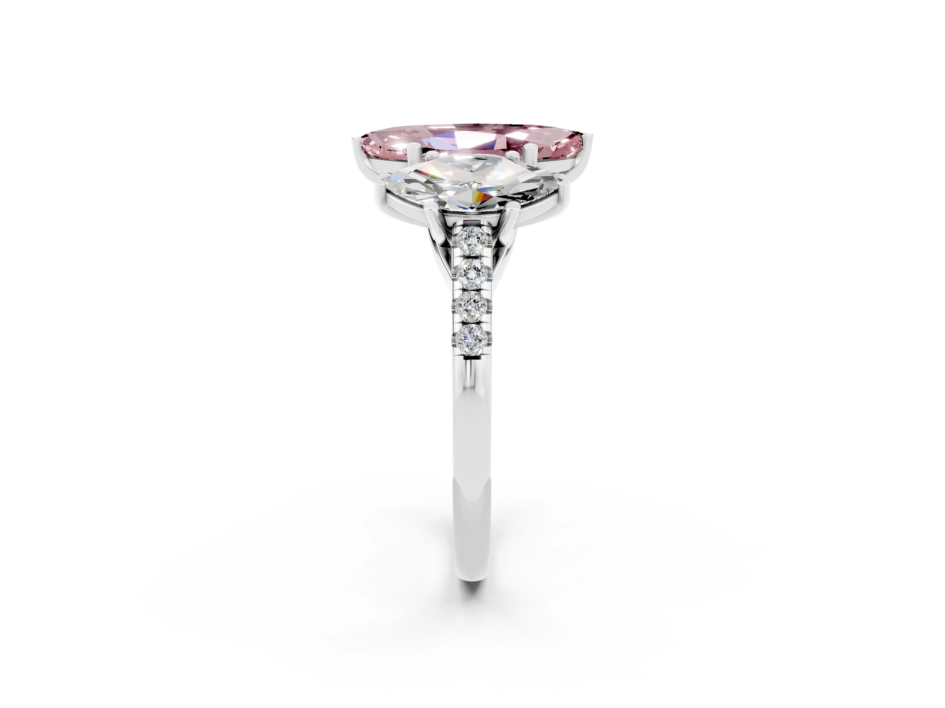 White gold Three-Stone Marquise Cut Morganite Ring with Pavé Band and Prong Setting_14