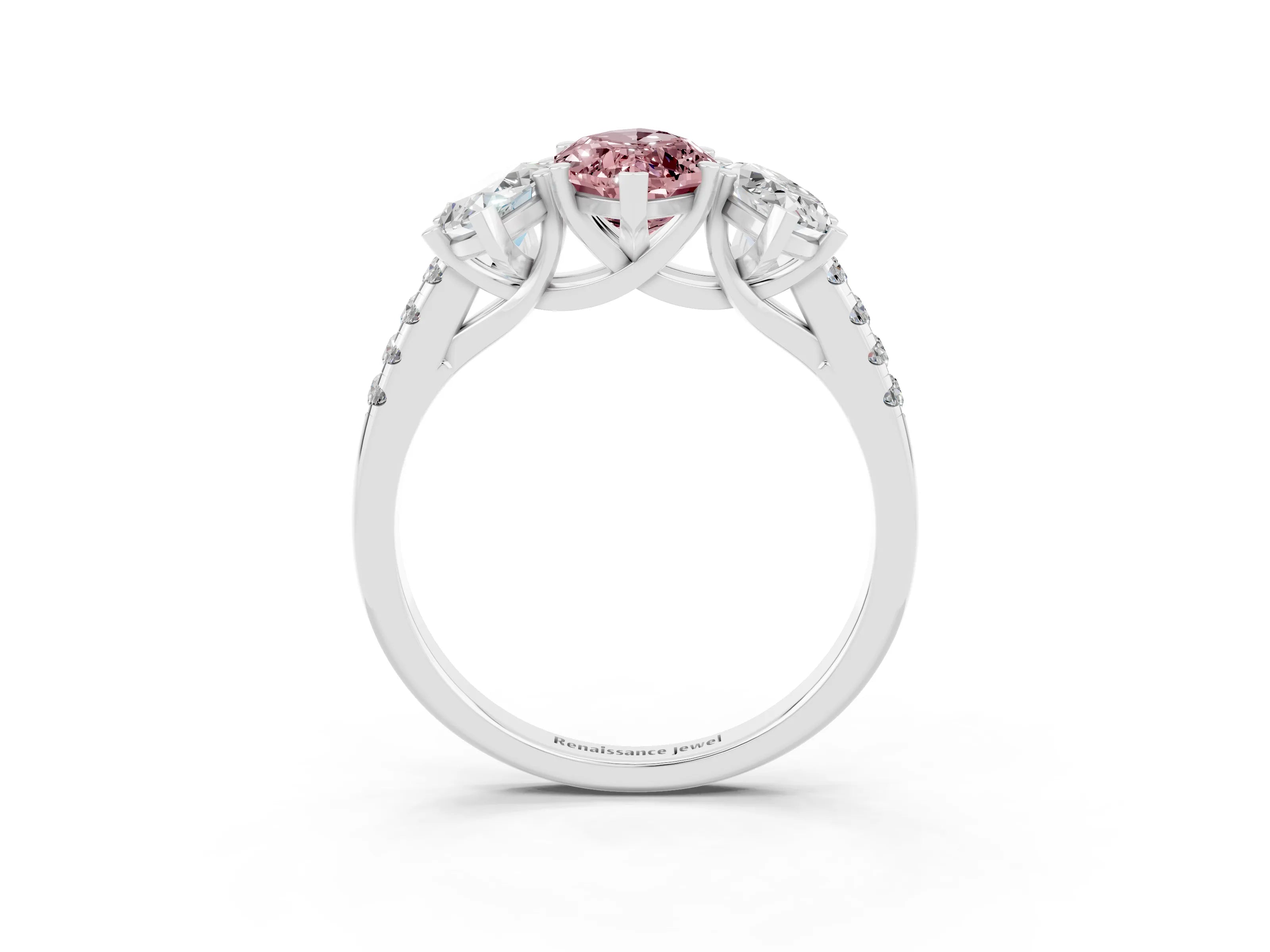 White gold Three-Stone Marquise Cut Morganite Ring with Pavé Band and Prong Setting_15