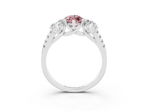 White gold Three-Stone Marquise Cut Morganite Ring with Pavé Band and Prong Setting_15