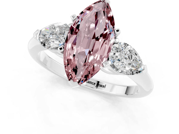 White gold Three-Stone Marquise Cut Morganite Ring with Pear Side Stones and Four-Prong Setting