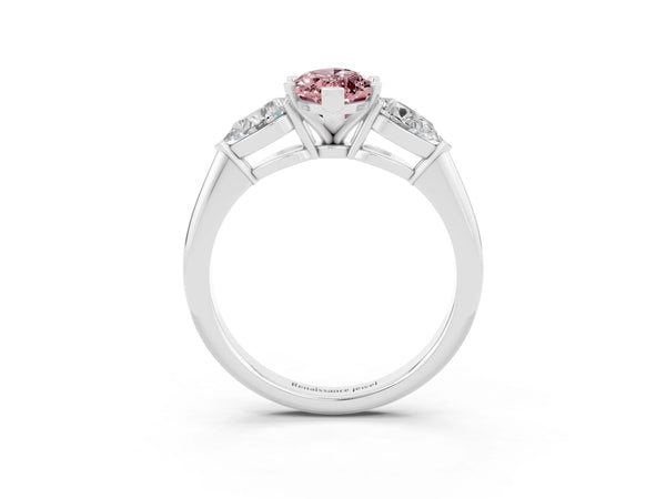 Silver Three-Stone Marquise Cut Morganite Ring with Pear Side Stones and Four-Prong Setting