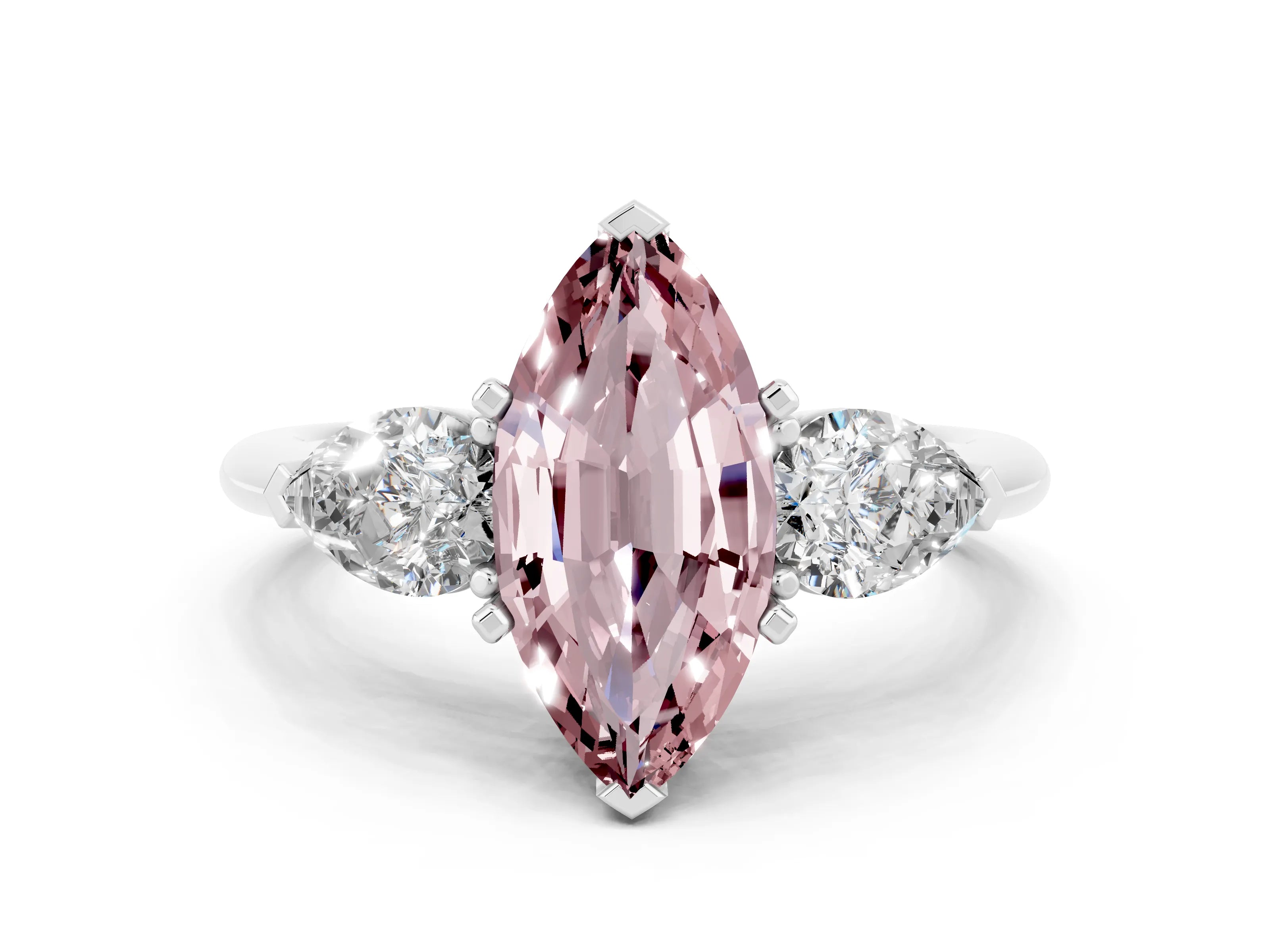 White gold Three-Stone Marquise Cut Morganite Ring with Pear Side Stones and Four-Prong Setting