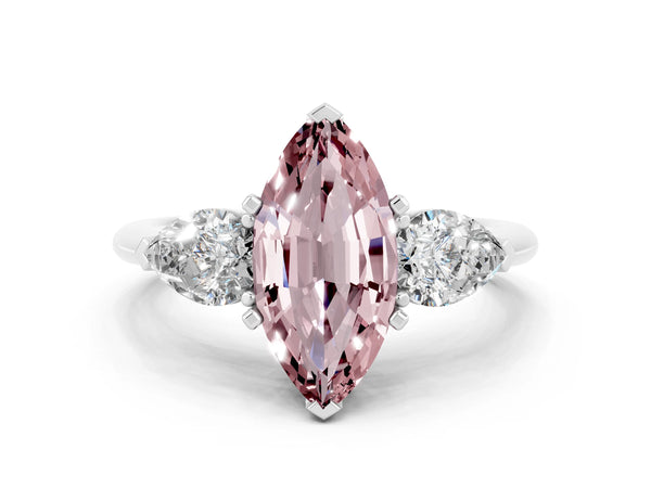Silver Three-Stone Marquise Cut Morganite Ring with Pear Side Stones and Four-Prong Setting