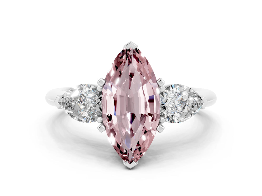 White gold Three-Stone Marquise Cut Morganite Ring with Pear Side Stones and Four-Prong Setting