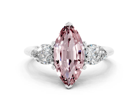 White gold Three-Stone Marquise Cut Morganite Ring with Pear Side Stones and Four-Prong Setting