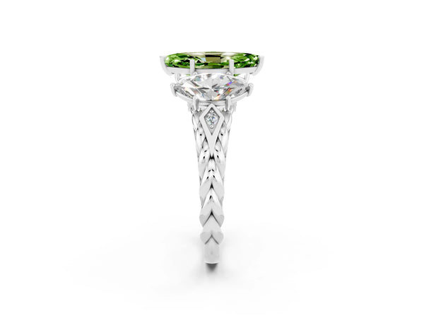 Platinum Three-Stone Marquise Cut Peridot Braided Band Ring with Four-Prong Setting