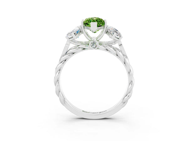 Platinum Three-Stone Marquise Cut Peridot Braided Band Ring with Four-Prong Setting