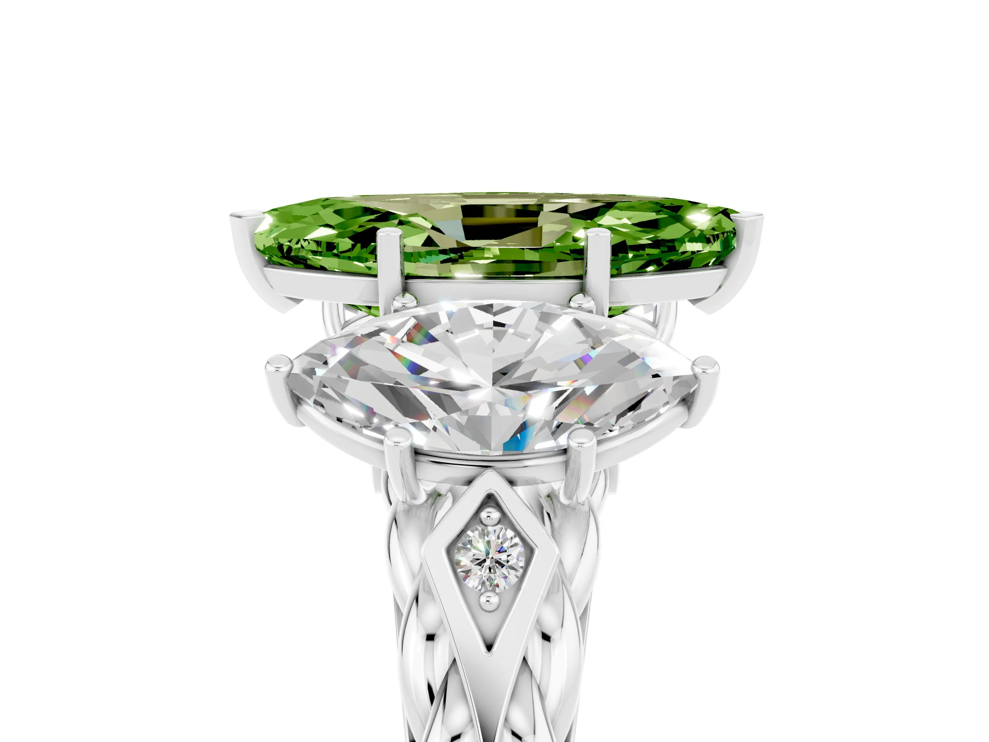 White gold Three-Stone Marquise Cut Peridot Braided Band Ring with Four-Prong Setting_17