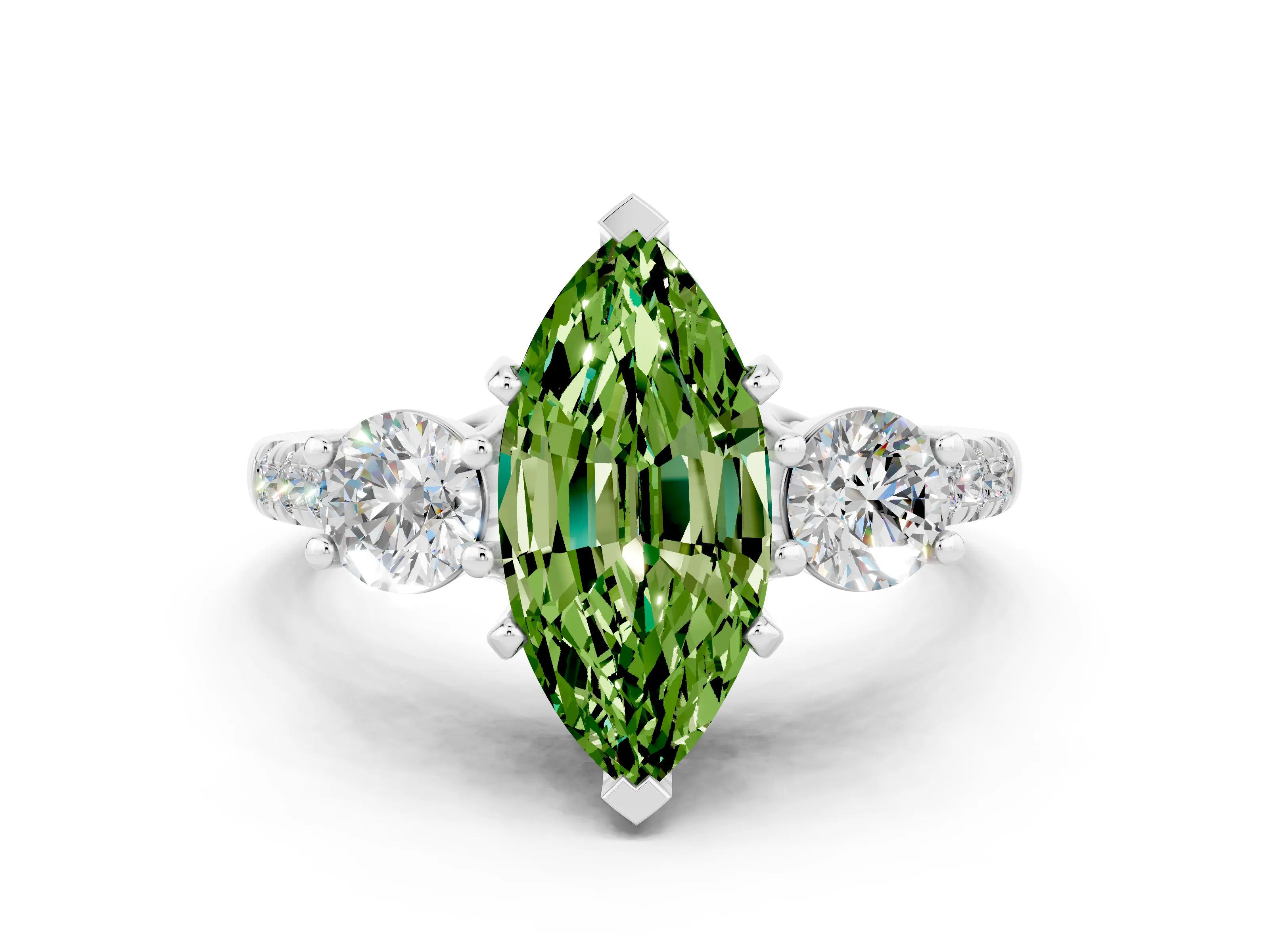 White gold Three-Stone Marquise Cut Peridot Pavé Band with Four-Prong Setting