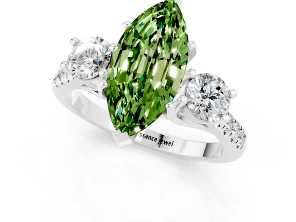 White gold Three-Stone Marquise Cut Peridot Pavé Band with Four-Prong Setting
