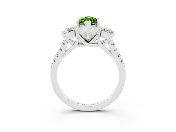 Platinum Three-Stone Marquise Cut Peridot Pavé Band with Four-Prong Setting