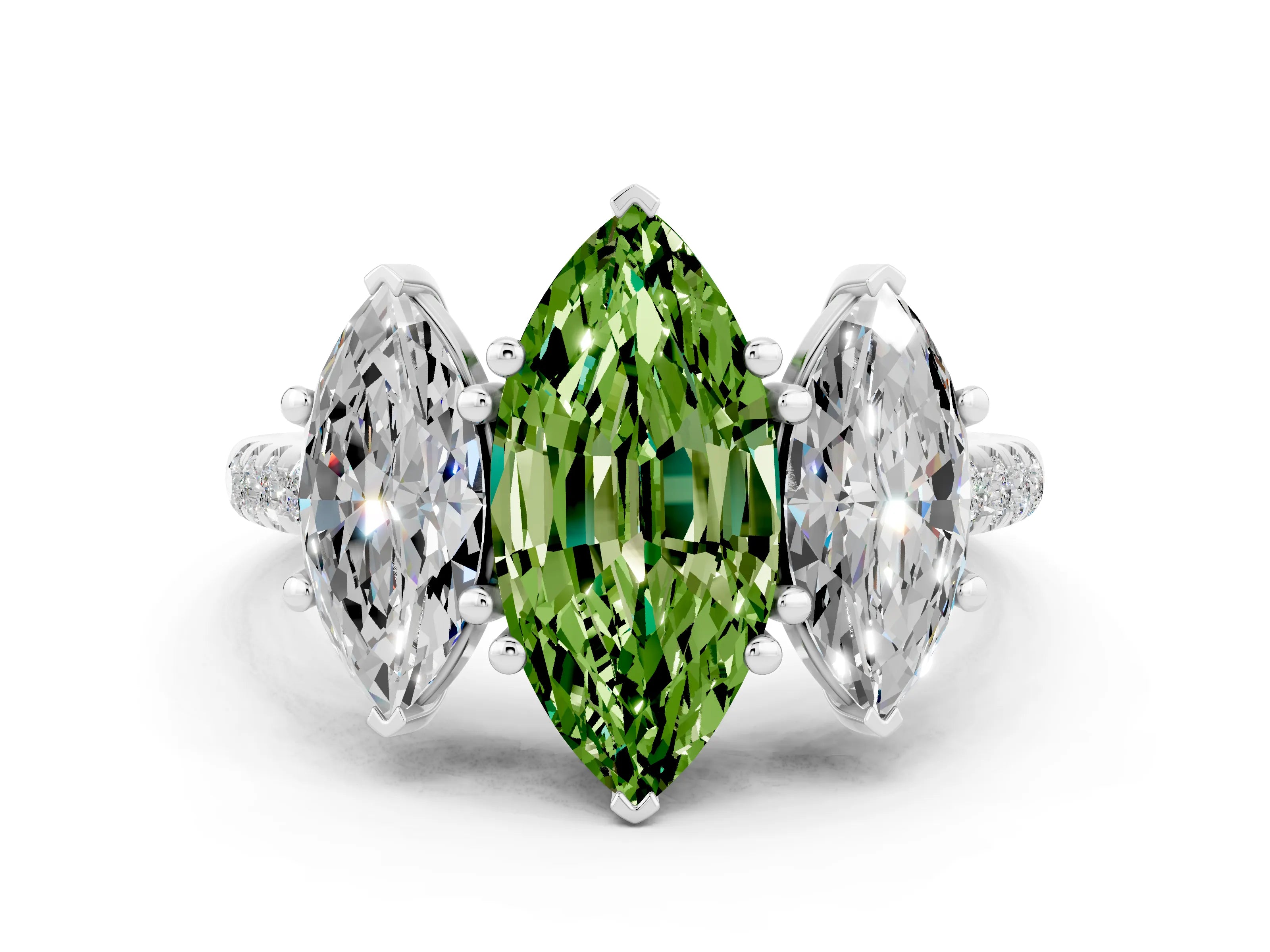 White gold Three-Stone Marquise Cut Peridot Ring with Pavé Band and Prong Setting_12