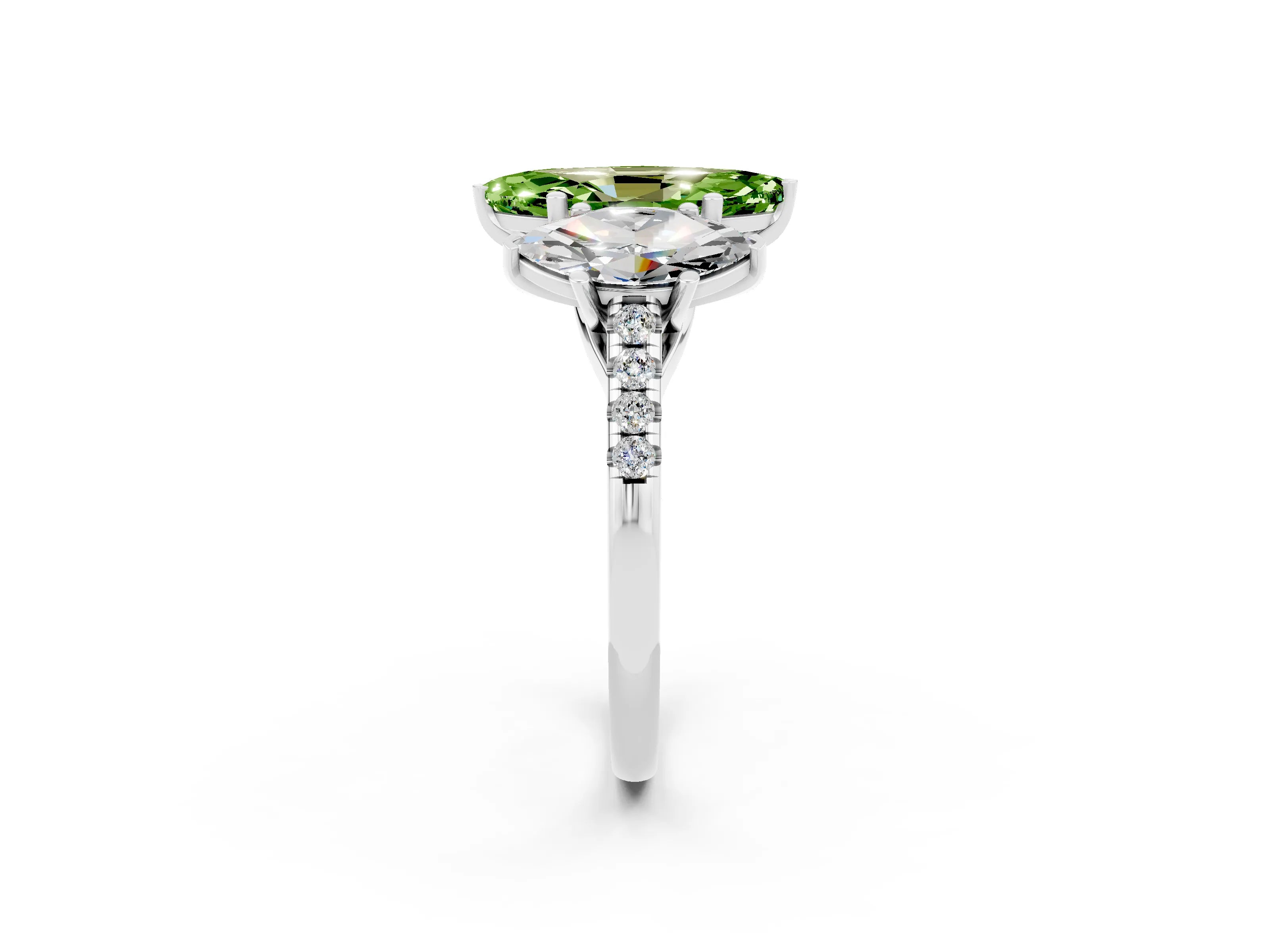 White gold Three-Stone Marquise Cut Peridot Ring with Pavé Band and Prong Setting_14