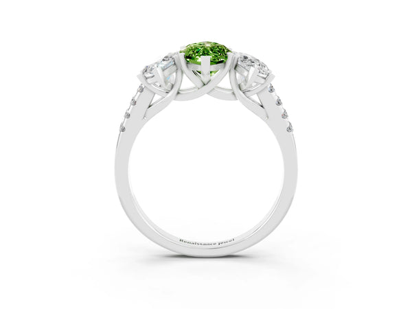 Silver Three-Stone Marquise Cut Peridot Ring with Round  Pavé Band and Prong Setting