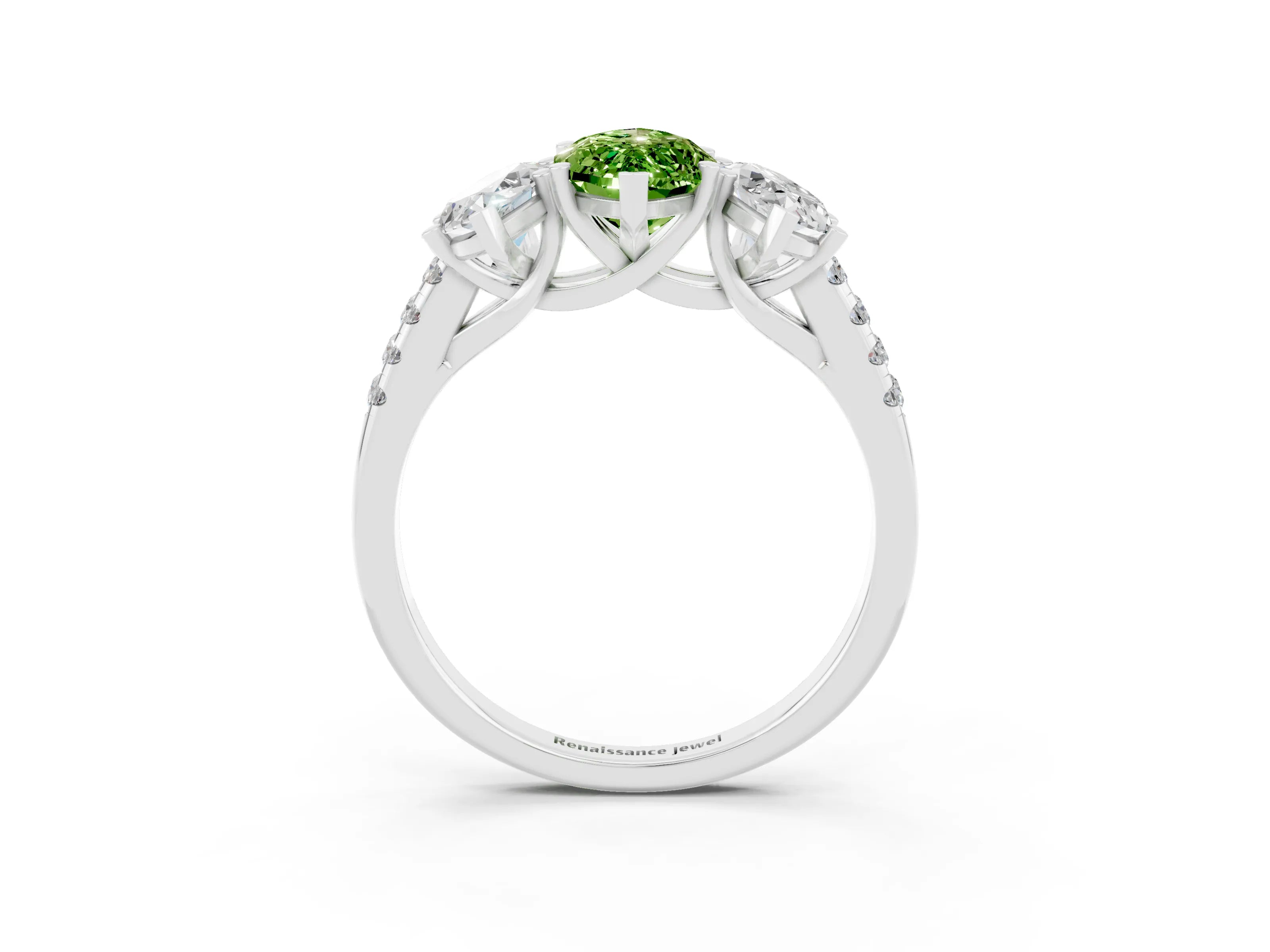 White gold Three-Stone Marquise Cut Peridot Ring with Pavé Band and Prong Setting_15