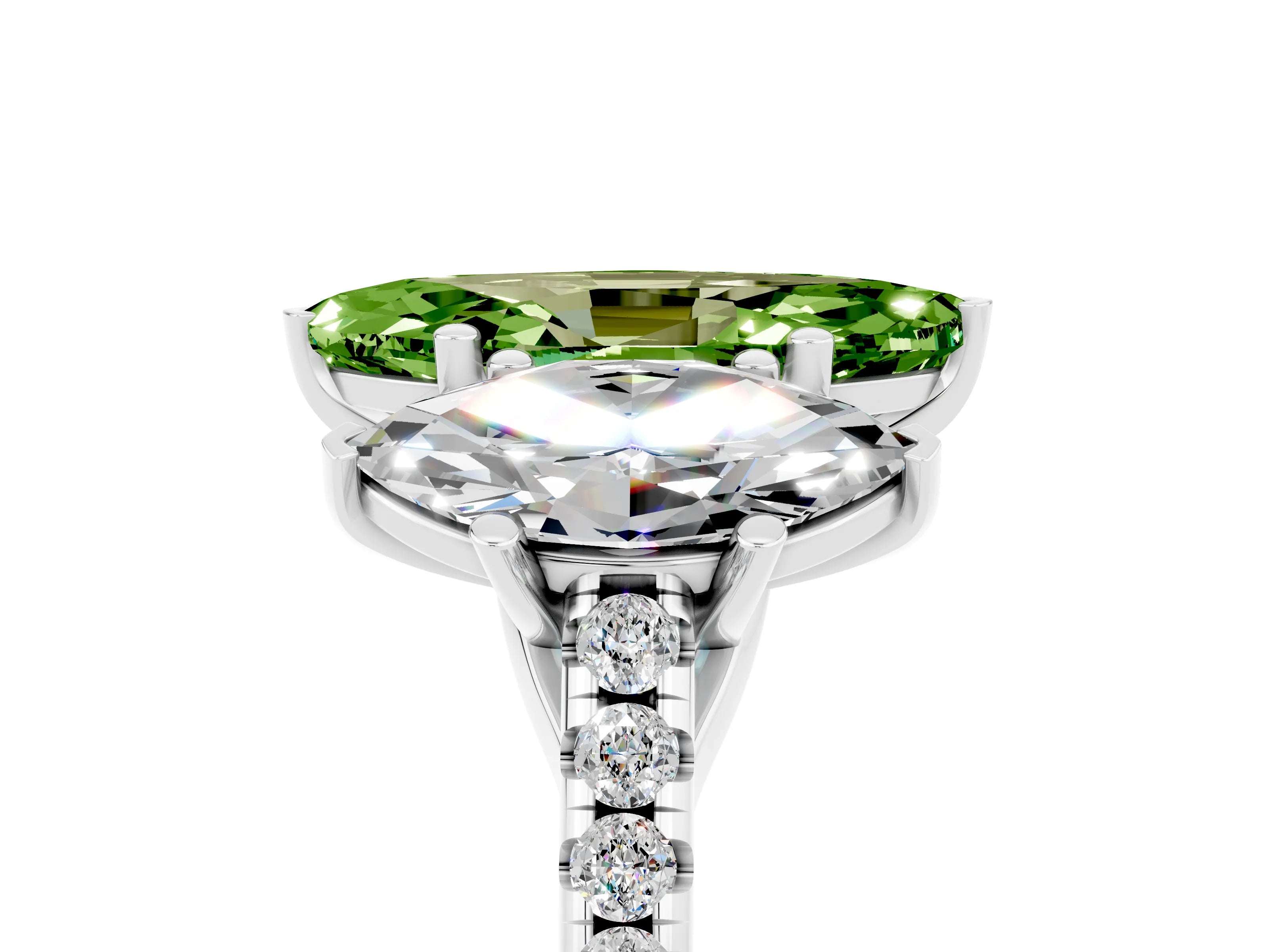 White gold Three-Stone Marquise Cut Peridot Ring with Pavé Band and Prong Setting_17