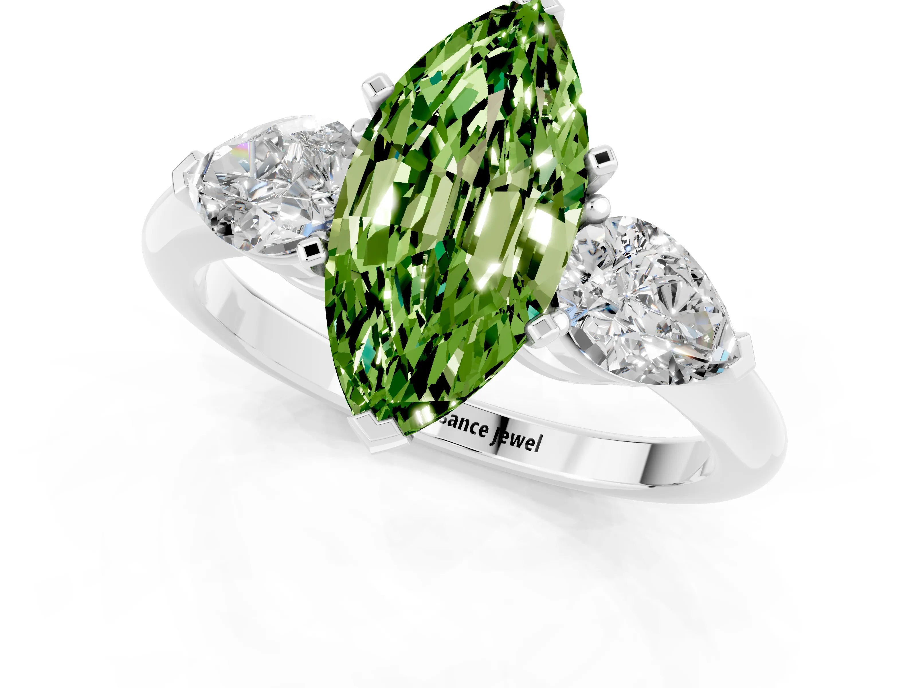 White gold Three-Stone Marquise Cut Peridot Ring with Pear Side Stones and Four-Prong Setting_1