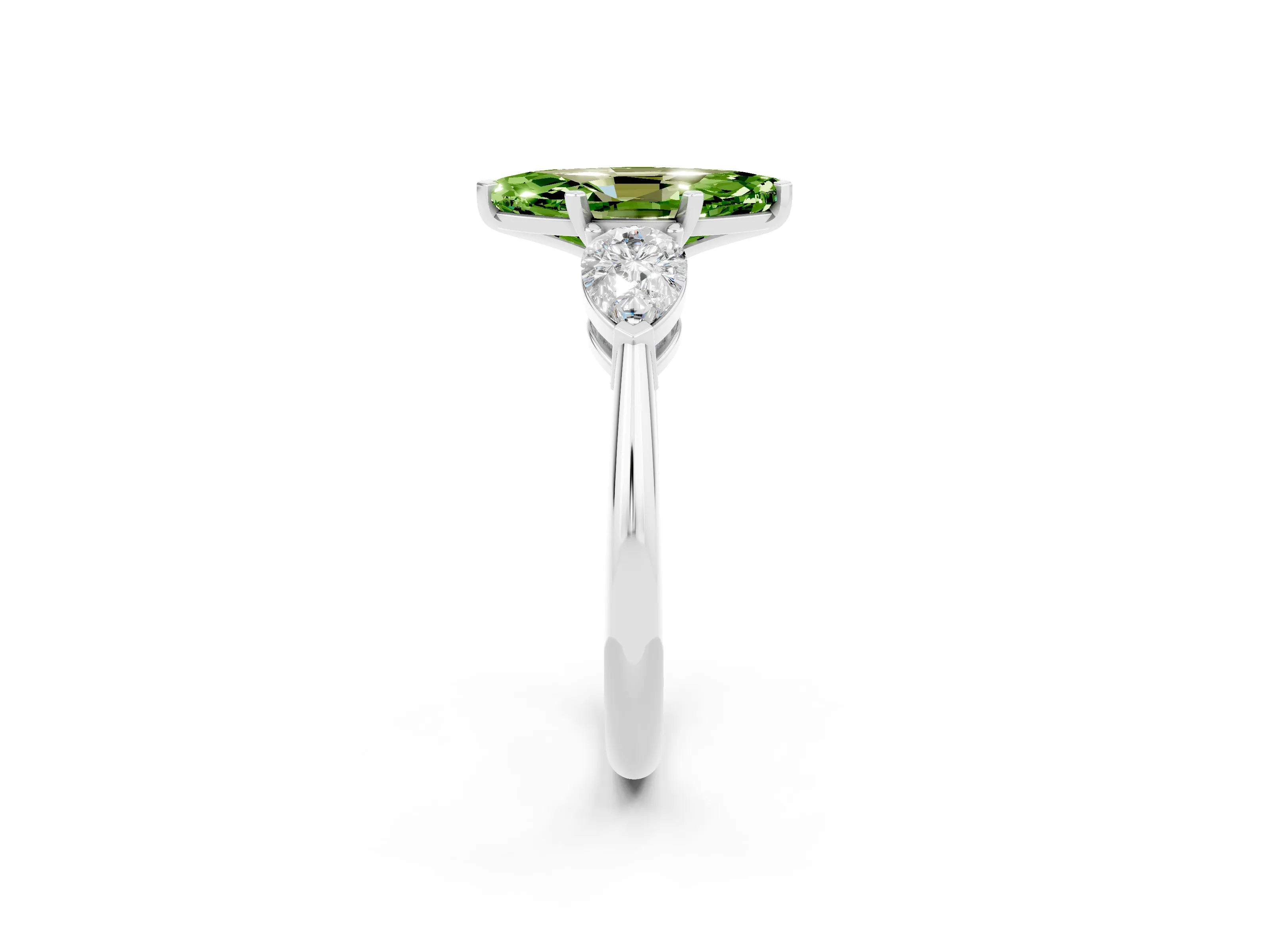 White gold Three-Stone Marquise Cut Peridot Ring with Pear Side Stones and Four-Prong Setting_2