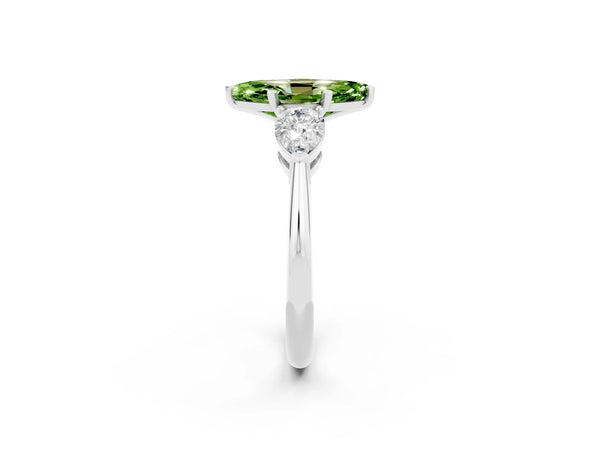 Silver Three-Stone Marquise Cut Peridot Ring with Pear Side Stones and Four-Prong Setting