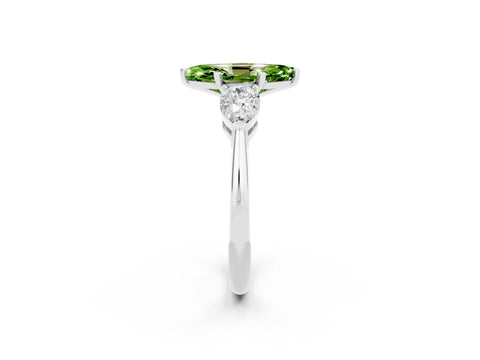 White gold Three-Stone Marquise Cut Peridot Ring with Pear Side Stones and Four-Prong Setting_2