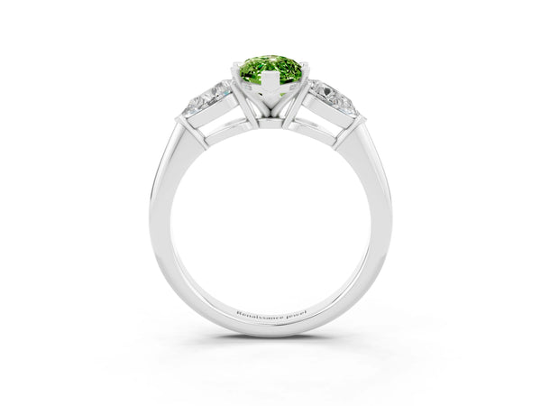 Platinum Three-Stone Marquise Cut Peridot Ring with Pear Side Stones and Four-Prong Setting