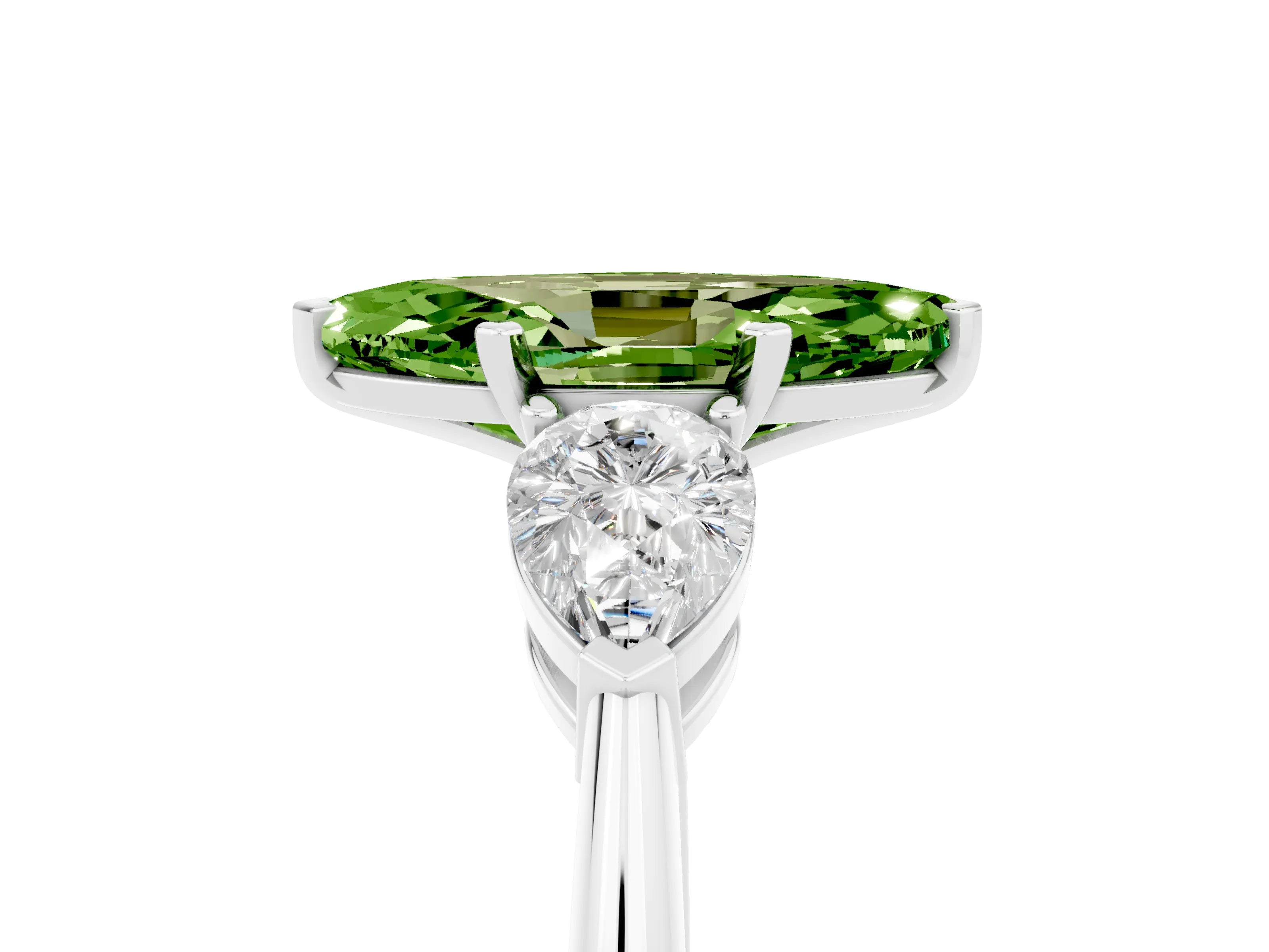 White gold Three-Stone Marquise Cut Peridot Ring with Pear Side Stones and Four-Prong Setting_5