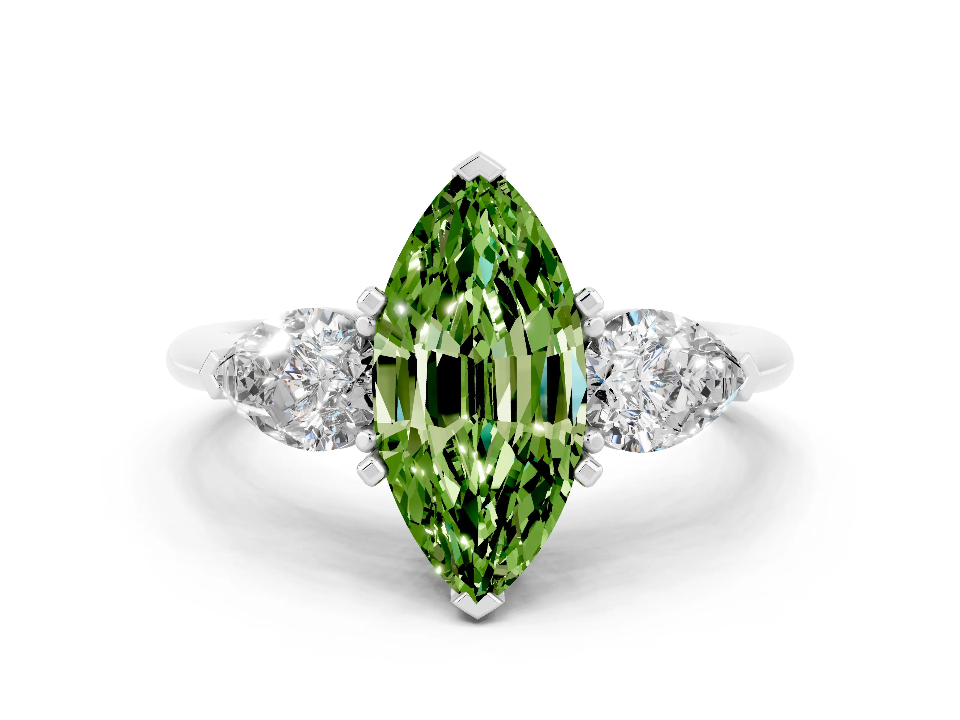 White gold Three-Stone Marquise Cut Peridot Ring with Pear Side Stones and Four-Prong Setting