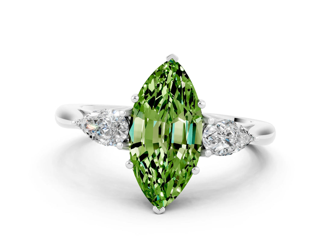 White gold Three-Stone Marquise Cut Peridot Ring with Pear  Side Stones in Four-Prong Setting_12