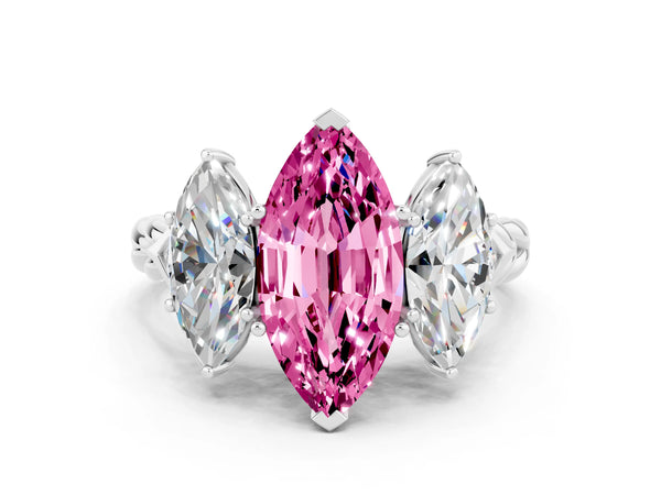 Platinum Three-Stone Marquise Cut Pink Sapphire Braided Band Ring with Four-Prong Setting