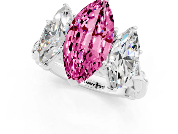 Silver Three-Stone Marquise Cut Pink Sapphire Braided Band Ring with Four-Prong Setting