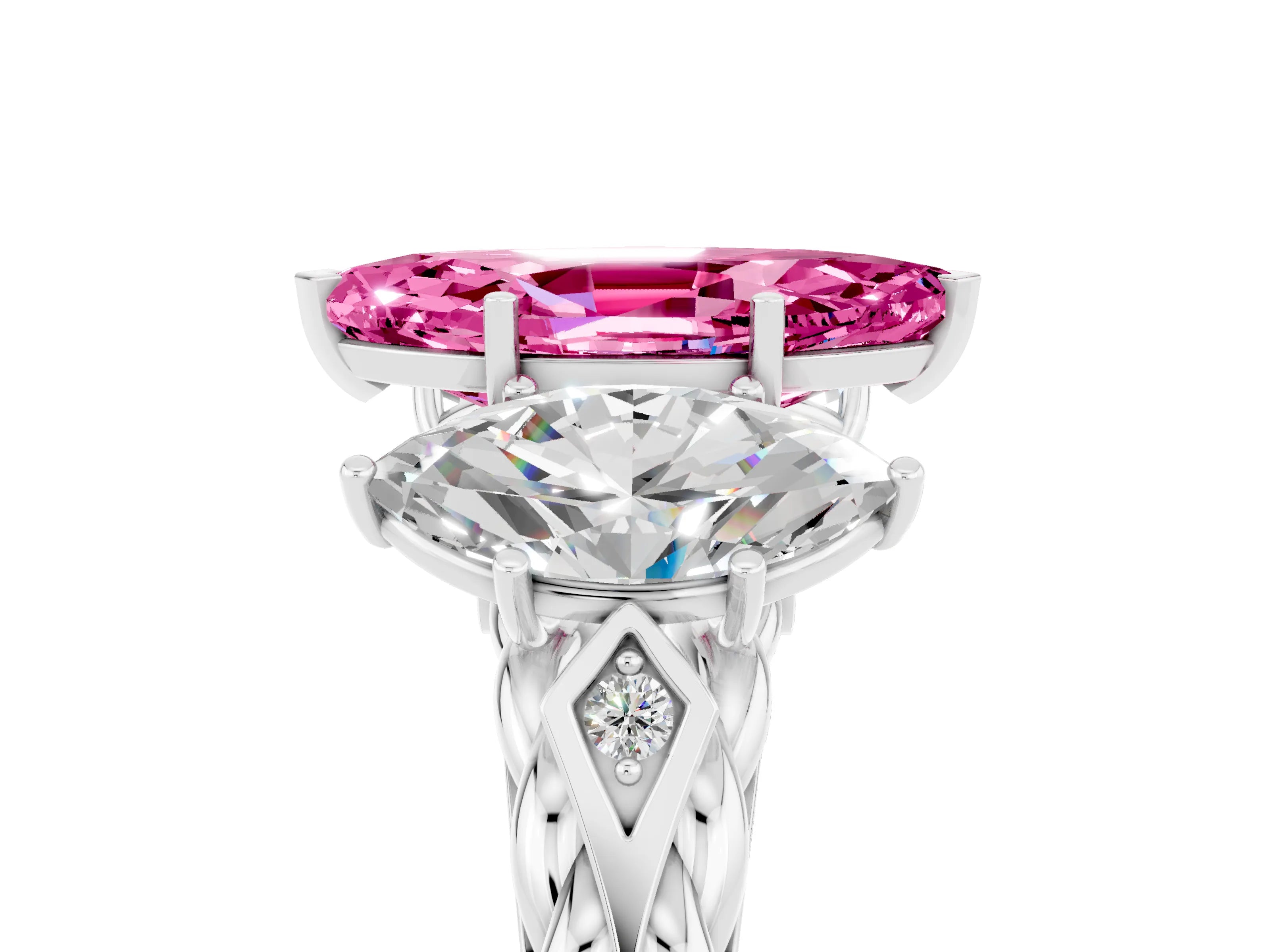 White gold Three-Stone Marquise Cut Pink Sapphire Braided Band Ring with Four-Prong Setting_41