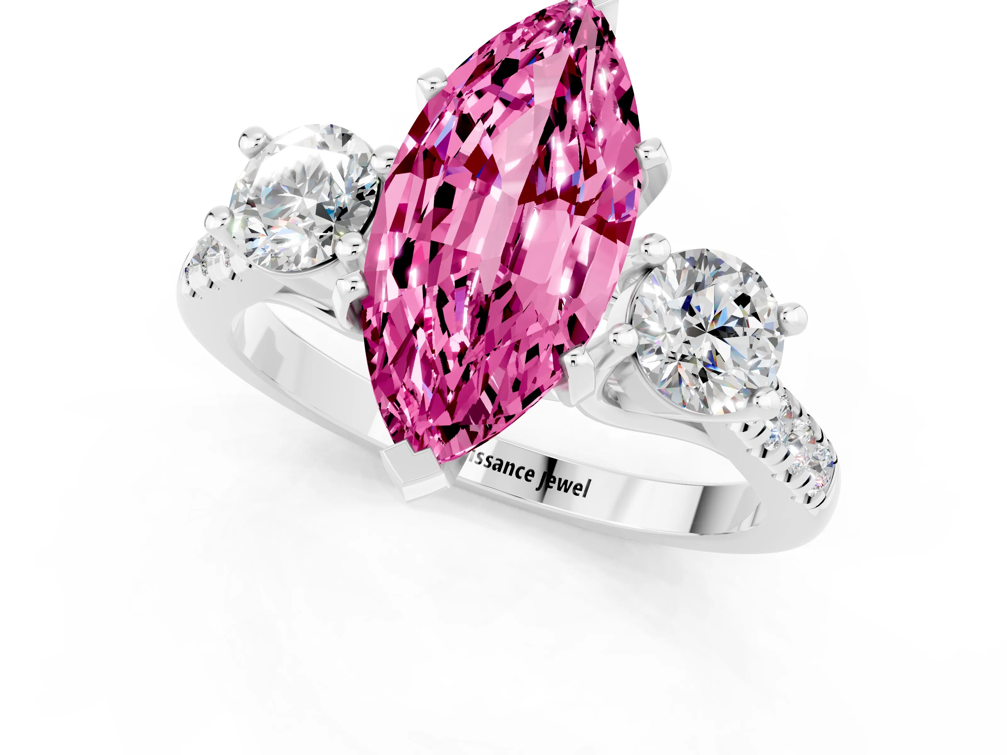 White gold Three-Stone Marquise Cut Pink Sapphire Pavé Band with Four-Prong Setting_31