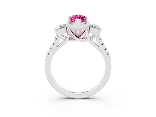 White gold Three-Stone Marquise Cut Pink Sapphire Pavé Band with Four-Prong Setting