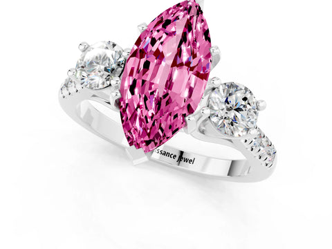 White gold Three-Stone Marquise Cut Pink Sapphire Pavé Band with Four-Prong Setting_36