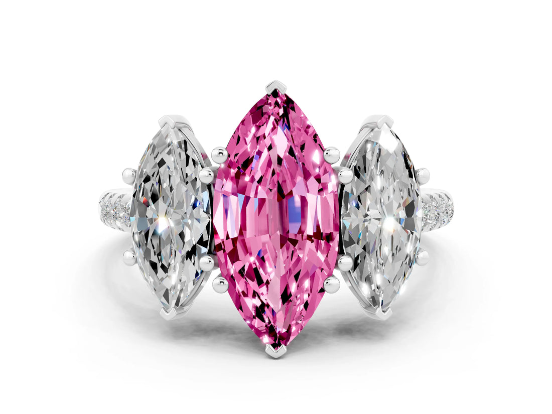 White gold Three-Stone Marquise Cut Pink Sapphire Ring with Pavé Band and Prong Setting_36