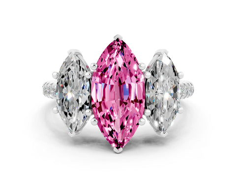 White gold Three-Stone Marquise Cut Pink Sapphire Ring with Pavé Band and Prong Setting_36